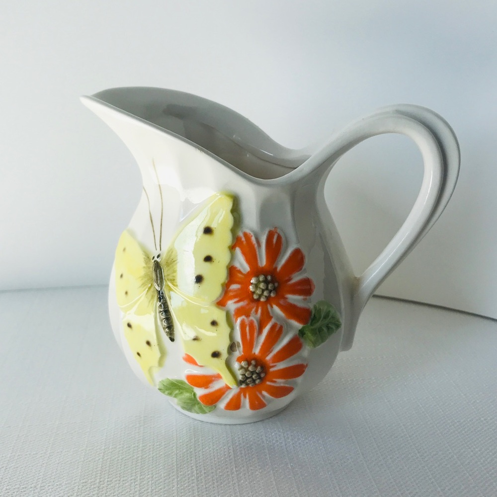 Vintage Small Pitcher Creamer Butterfly Floral Ceramic/Porcelain? Planter Pot